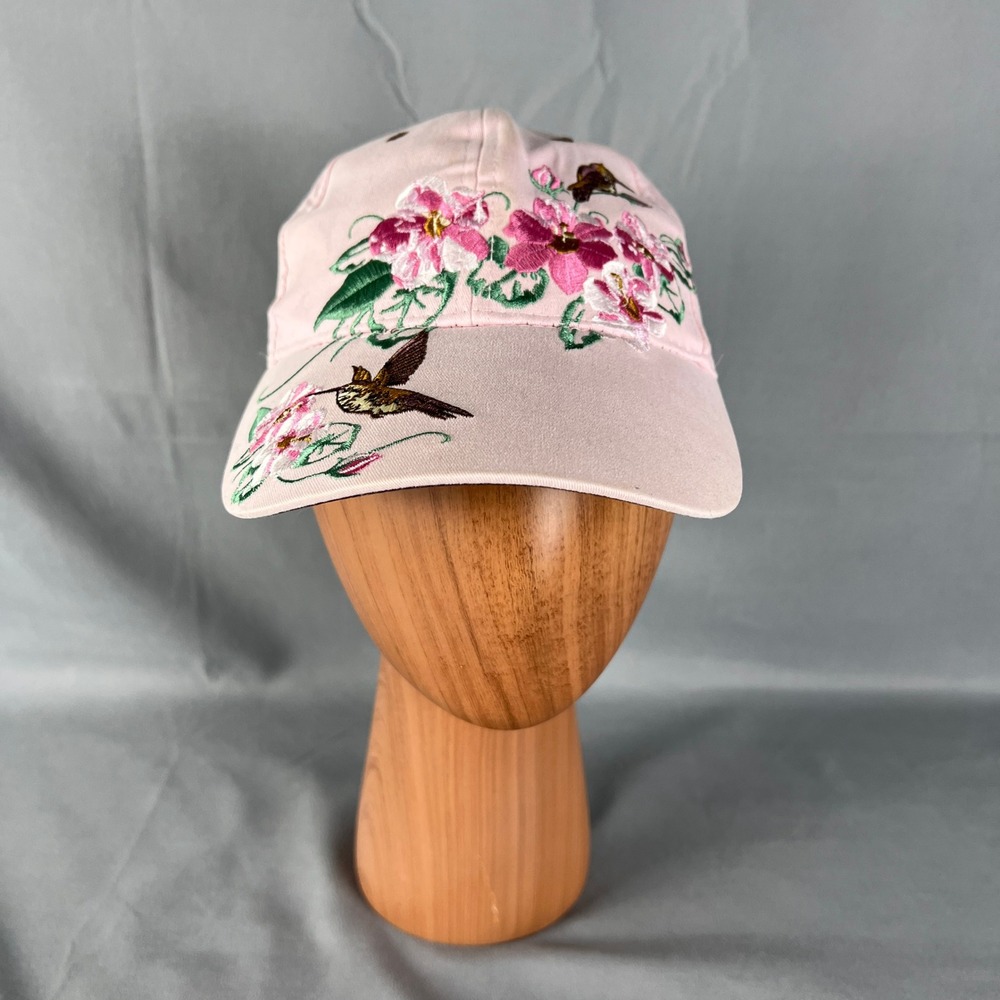 Polar Graphics Usa Hat Women One Size Pink Hummingbird Floral Embroidered Cotton